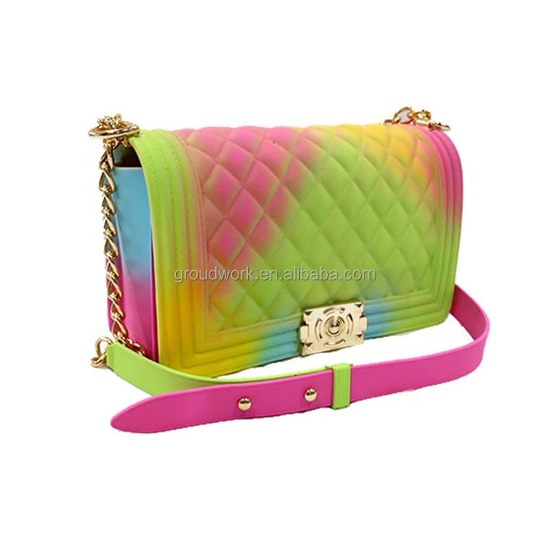 

2020 GW Amazon hot sell beach fashion rainbow shoulder candy handbags colorful Jelly PVC shoulder bag jelly bags for women, Rich