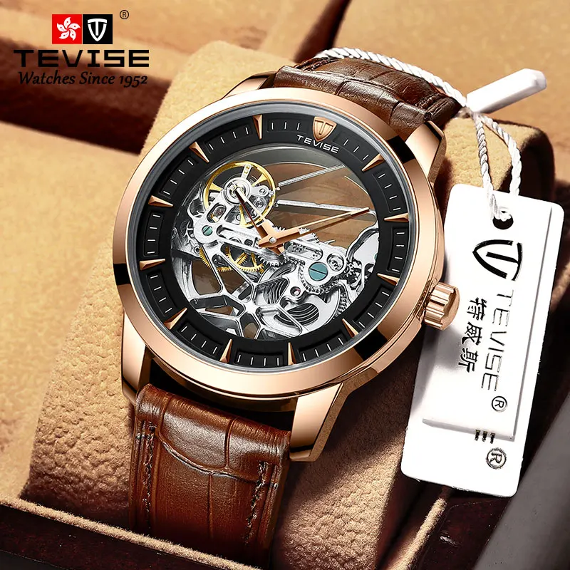 

High Quality Transparent Fashion Leather Hands Watch Gear Movement Men Mechanical Skeleton Wrist Watches, Optional