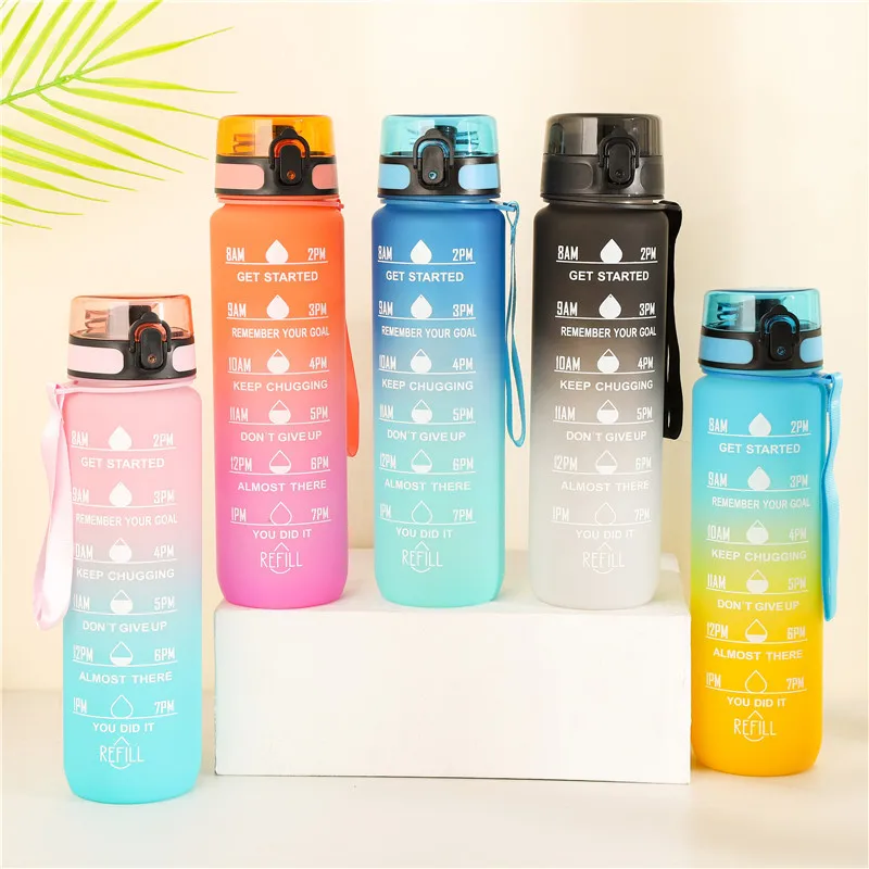 

32oz 1L 1000ML Fitness Tritan BPA Free Strainer Gradient Motivational Sports Jug Water Bottle With Time Marker