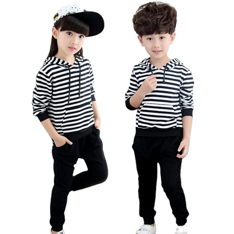 

2021 Korean Version Of The New Striped Spring And Autumn Fashion Boys Girls Suit Leisure Sports Hoodie Two-Piece Children Wear