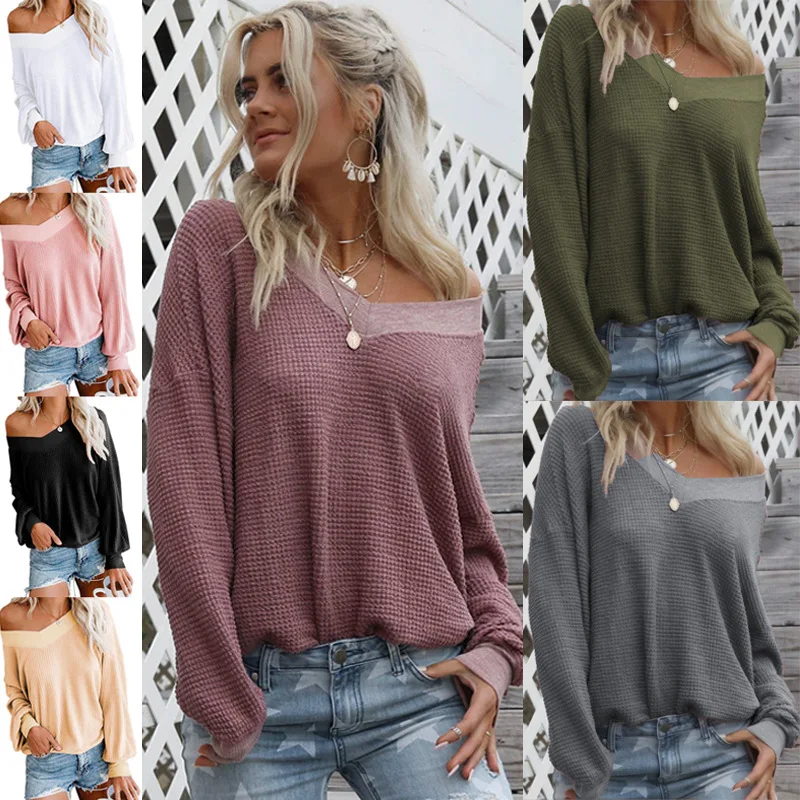

Inclined Shoulder T-shirt Designs Irregular Women Knit Tops 2019 Autumn Streetwear Female Clothing Long Sleeve Blouse Plus Size, White, pink, purple, black, apricot, army green, dark gray