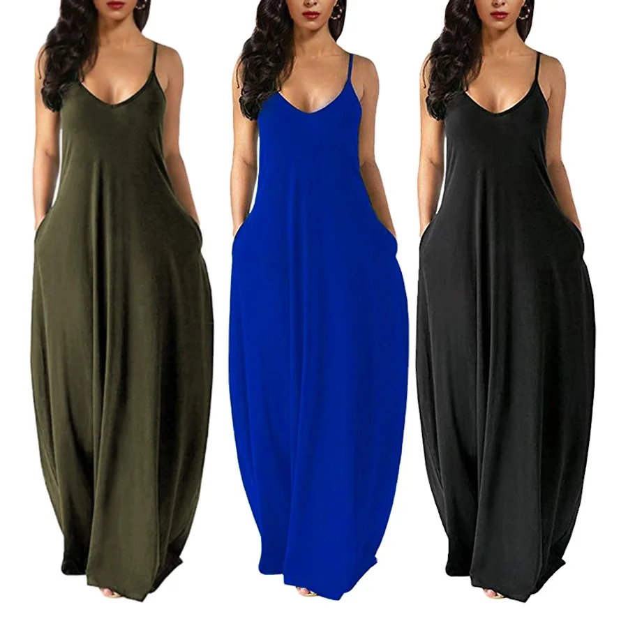 

Fashion deep V-neck sleeveless solid color large swing sexy slip dress women solid color elegant casual dress summer, 11 colors