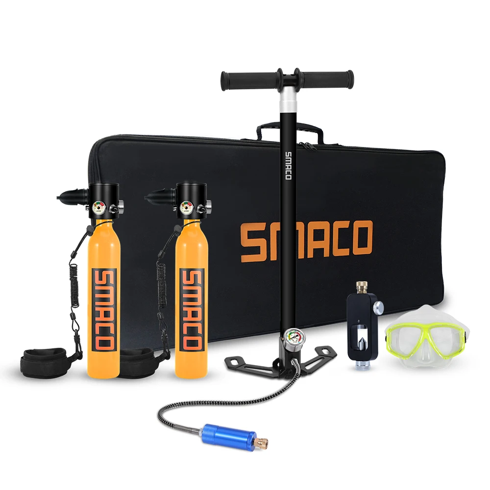 

SMACO S300Plus Mini Scuba Diving Tank Equipment, Cylinder with 10 Minutes Capability, 0.5 Litre Capacity with Refillable Design, Green.balck.orange