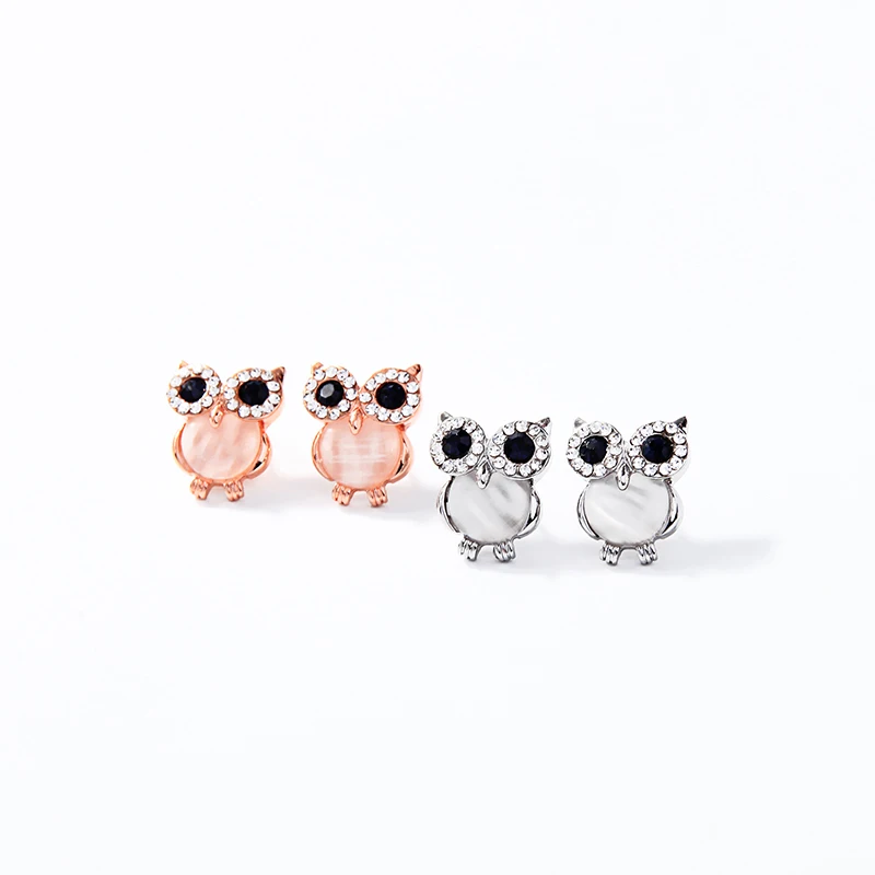 

e021494 Rose Gold Rhodium Plated Wise Animal Opal Crystal Jewelry Women Fancy Cute Owl Shape Stud Earrings