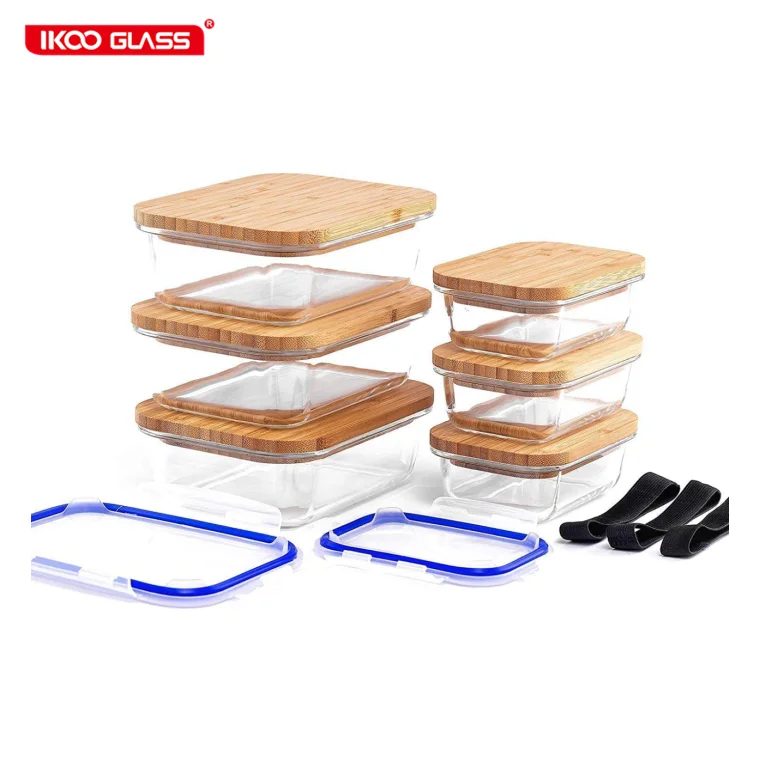 

high borosilicate glass food storage containers bamboo lids with elastic strap
