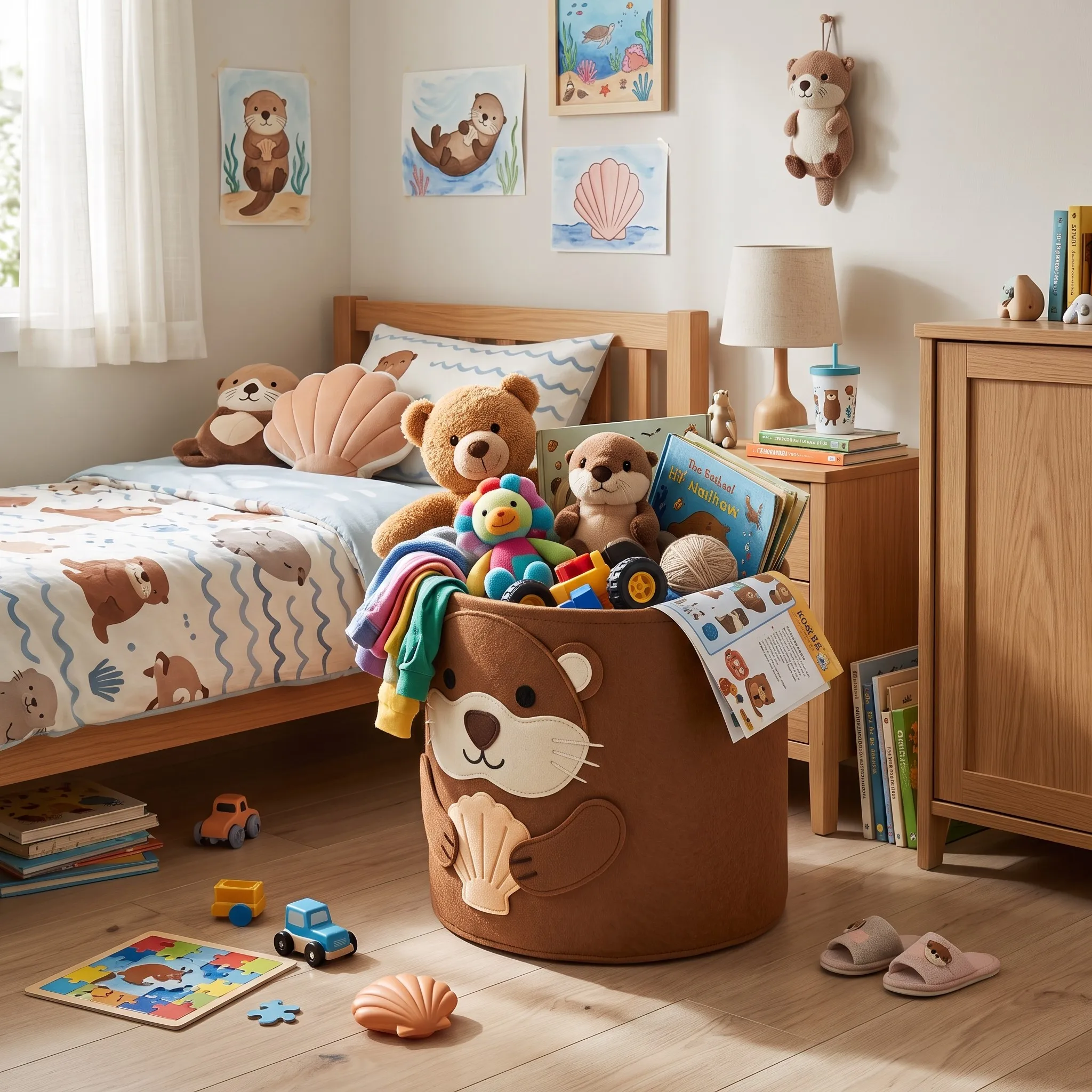 Camel felt storage basket with a stitched otter face holding soft toys beside a child's bed in a cosy bedroom