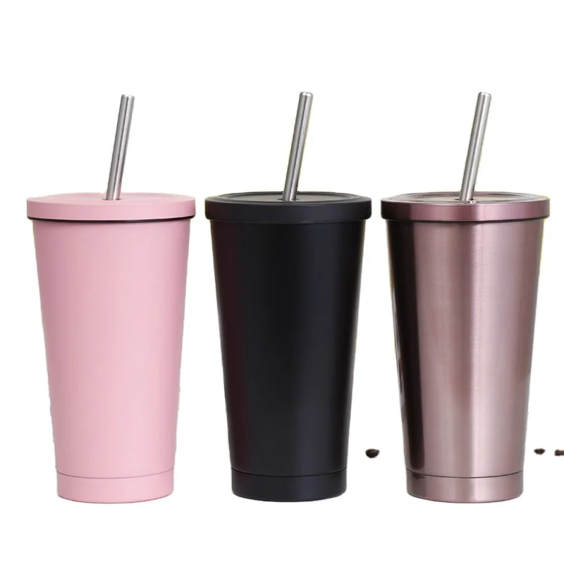 

Stainless steel double wall coffee tumbler with straw, Black blue silver customized