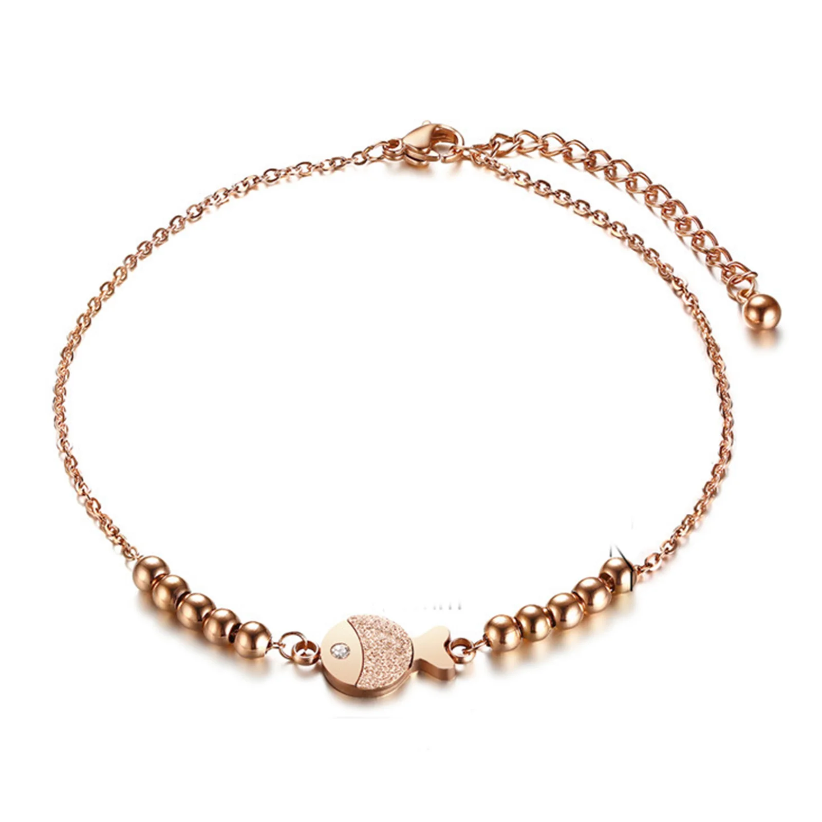 

AKJSF00002-22 Rose Gold Plated Girl's Stainless Steel Link Chain Fish Beads Charm Anklet