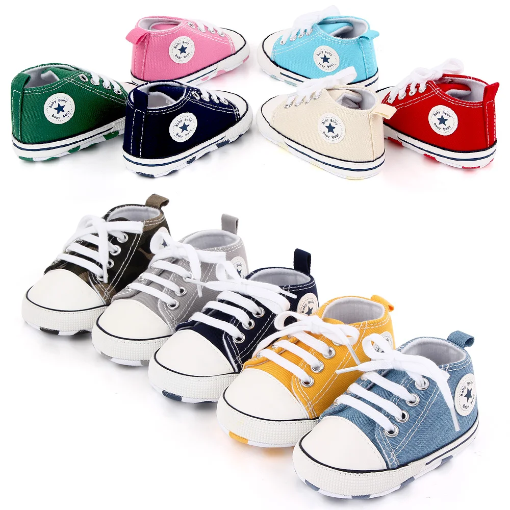 

Hot selling wholesale canvas unisex baby toddler walking shoes soft sole prewalkers sneakers, 19 colors