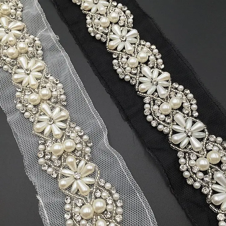 

White/Black Pearls Lace Trim,Handmade DIY decorations Beaded Ornament Sew On Bridal Lace Trimmings