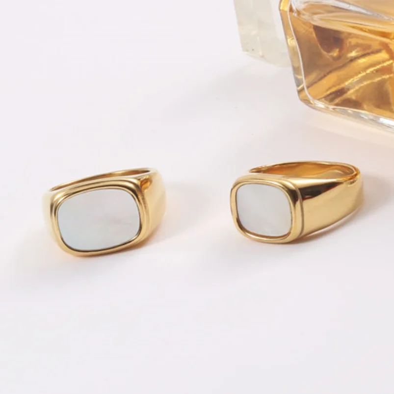 

18K Gold Plated Stainless Steel White Shell Signet Rings for Women, Gold, silver, rose gold, black