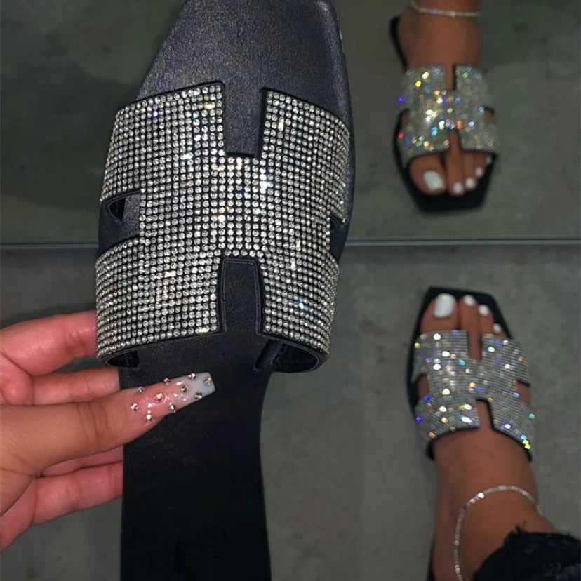 

SD-46 hot selling sequined square toe slipper for women flat beach slipper PU leather sole casual ladies summer sandals, Picture show