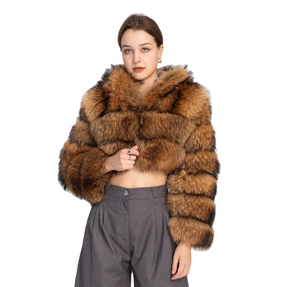 

Hot Sale Winter Warm Women Fur Bomber Jacket Cropped Hooded Fox Fur Coat for Ladies, Customized color
