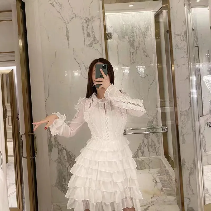 

Casual Dresses Midi Lace Dress Long Sleeve Breathable Lace Ladies Rayon Lotus Leaf Auricle White Spring Mini Full Above Knee Odm, White black green