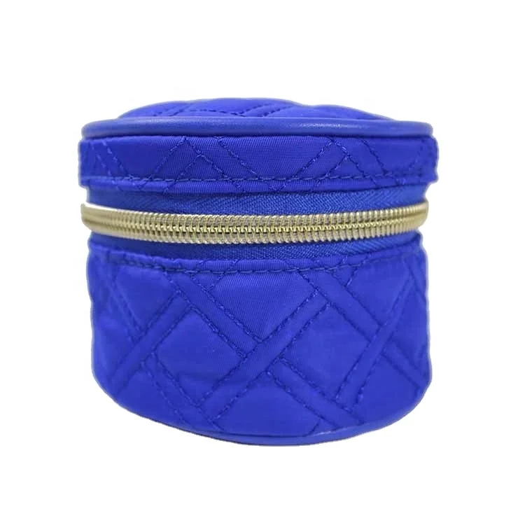 

Blue nylon quilted Travel Cosmetic Pouch Small Round Makeup Bag jewelry storage organizer, Blue, customized