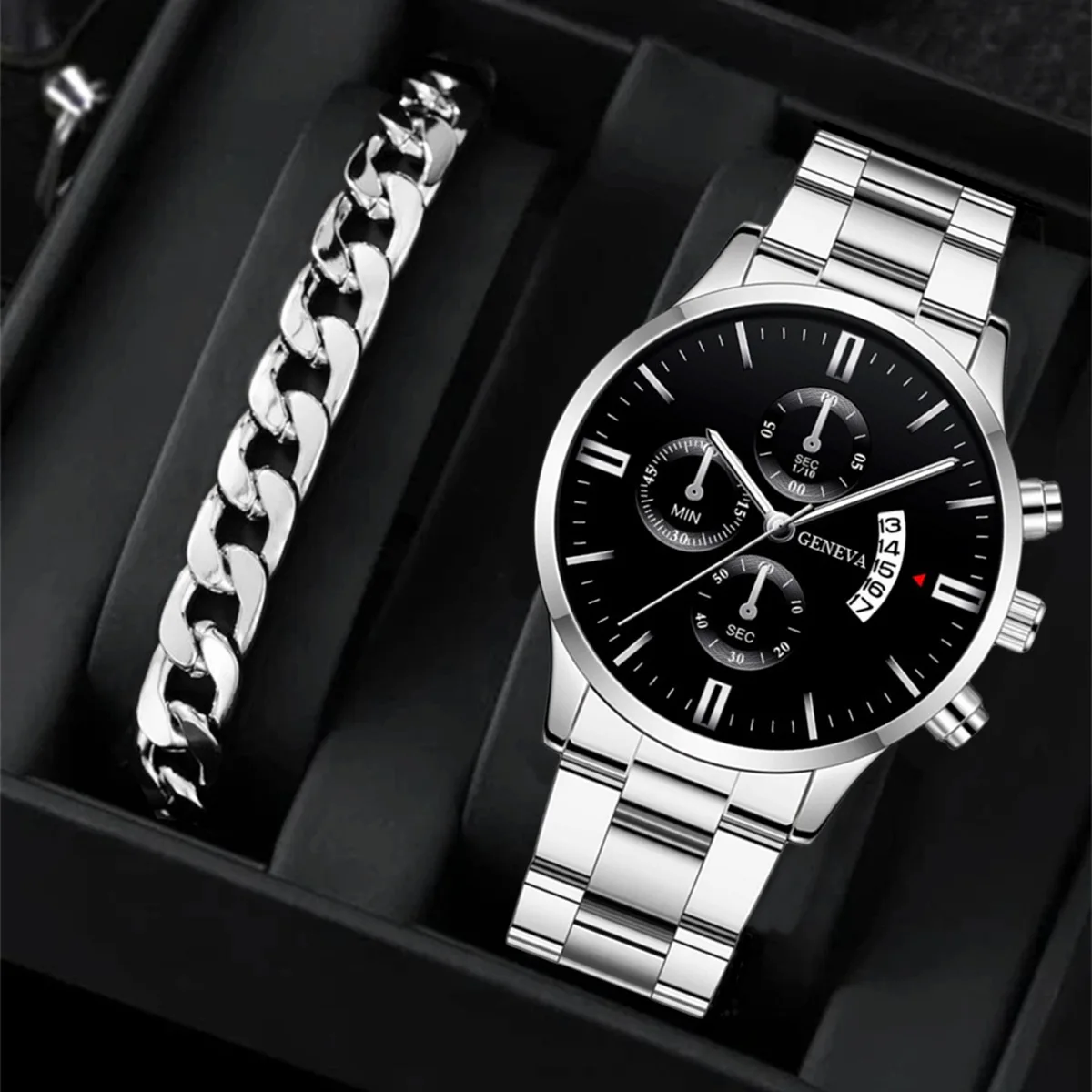 Wholesale Alloy Fashion Stainless Steel Three Eyes Black Dial Quartz Watch Classic Geneva Gold Bracelet and Watches Set for Men