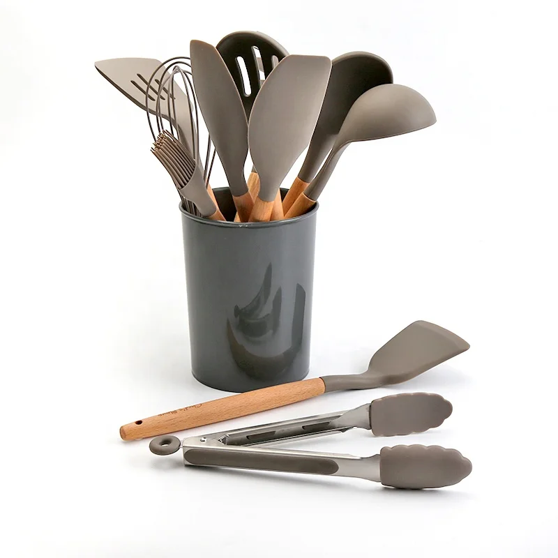 

Kitchen Set Silicone Cooking Tools Set With Bamboo Holder Amazon Hot sales Kitchen Gadget Set, Grey