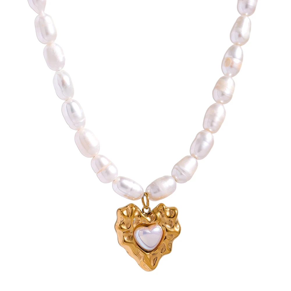 

JINYOU 892 Fashion 18K PVD Gold Plated Chain Stainless Steel Freshwater Natural Pearl Beads Heart Pendant Necklace for Women