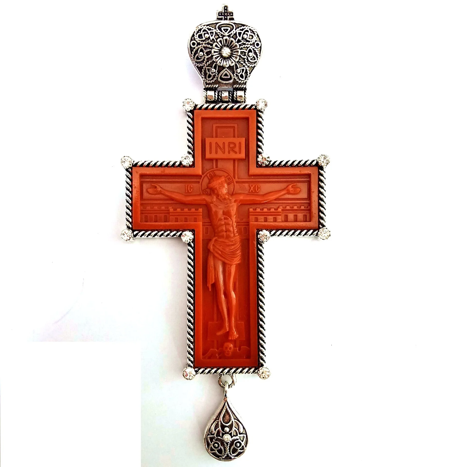 

Newest Model Gold / Antique Silver Plated Link Chain with Brown Resin Crucifix Alloy Orthodox Bishop Pectoral Cross