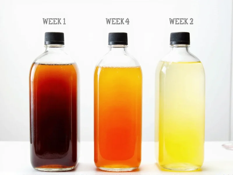 Three glass bottles showing vinegar color progression from week 1 to 4