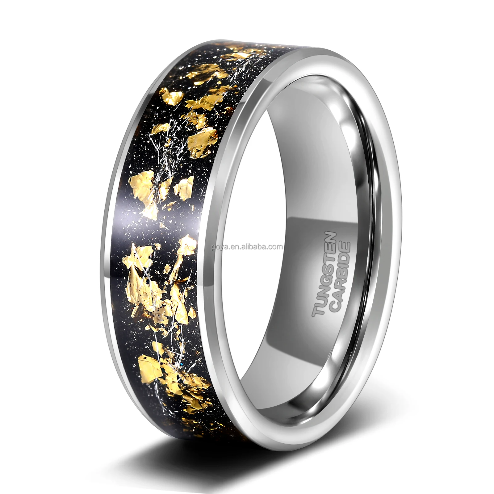 POYA 8mm Flat Tungsten Ring Polished Silver Gold Leaf Meteorite Inlay Wedding Band Gift for Men
