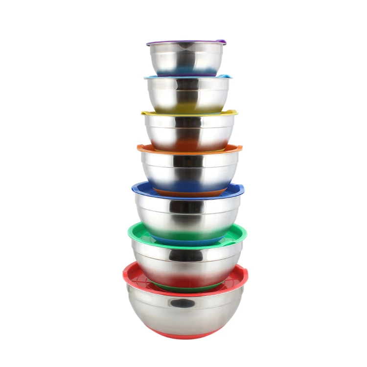 

7pcs colorful kitchen cake baking fruit salad bowl non-silp bottom metal stainless steel mixing bowls set with lid