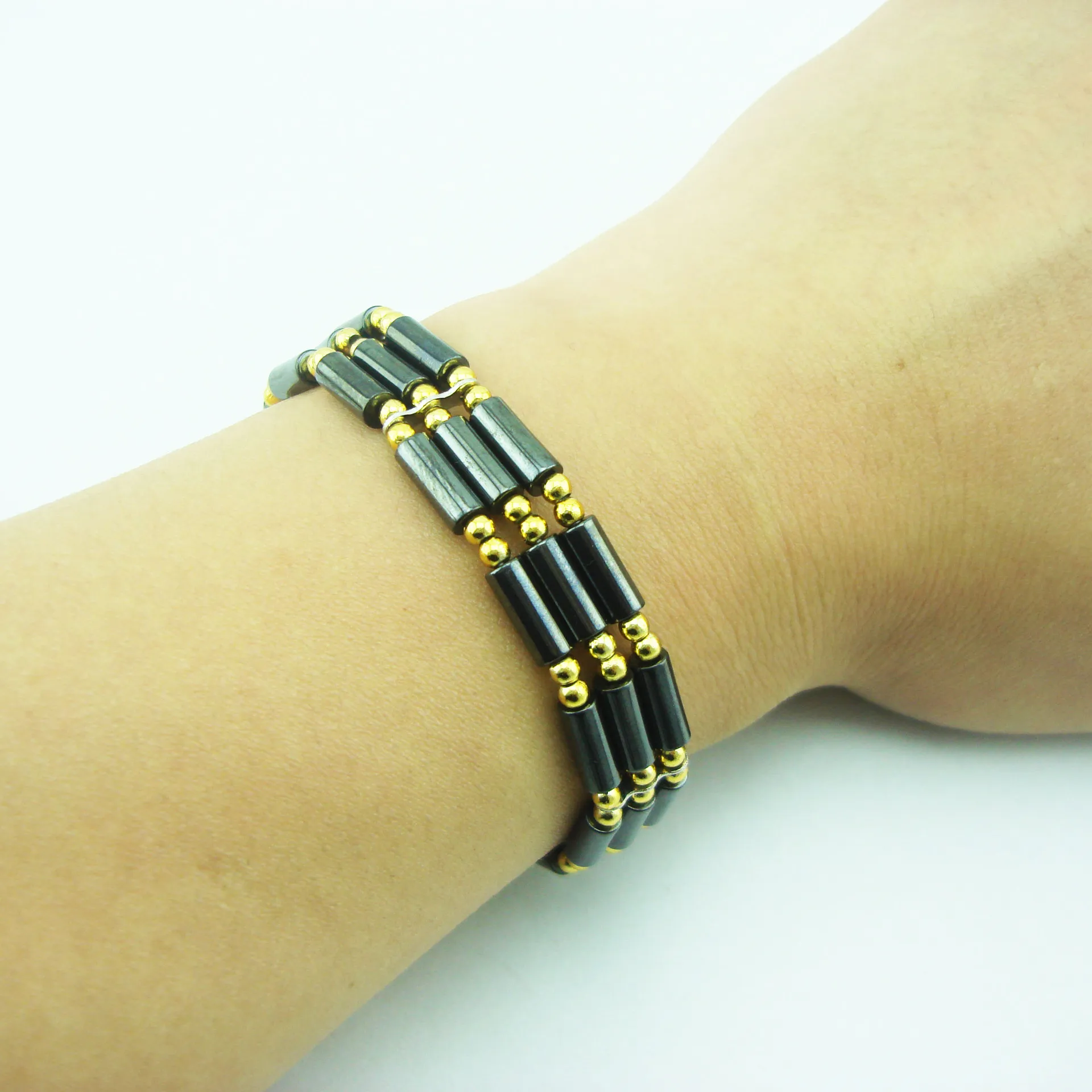 

2021 Cylinder Gemstone Loose Beads Bracelet Hematite Beads Bracelet For Woman And Man, Black and gold