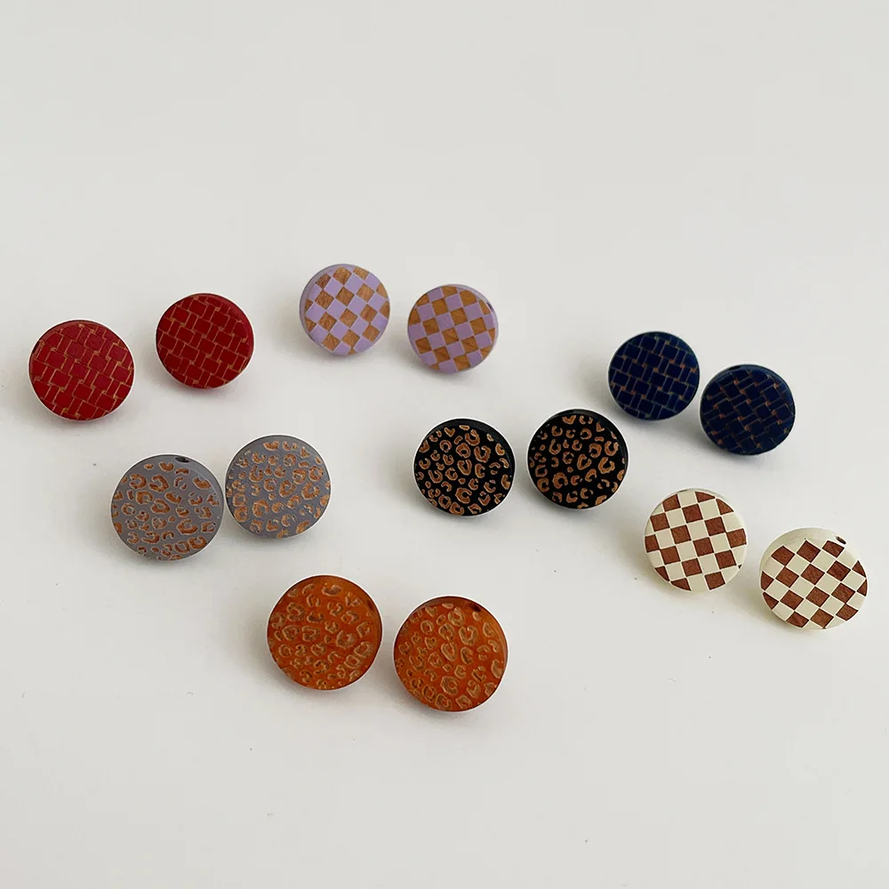 

Vershal A732 Retro Design Wooden Round Earrings Checkered Leopard Print Stud Earrings