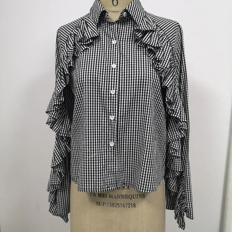 

New collection ladies black checks cotton ruffle fashion blouse, As photo