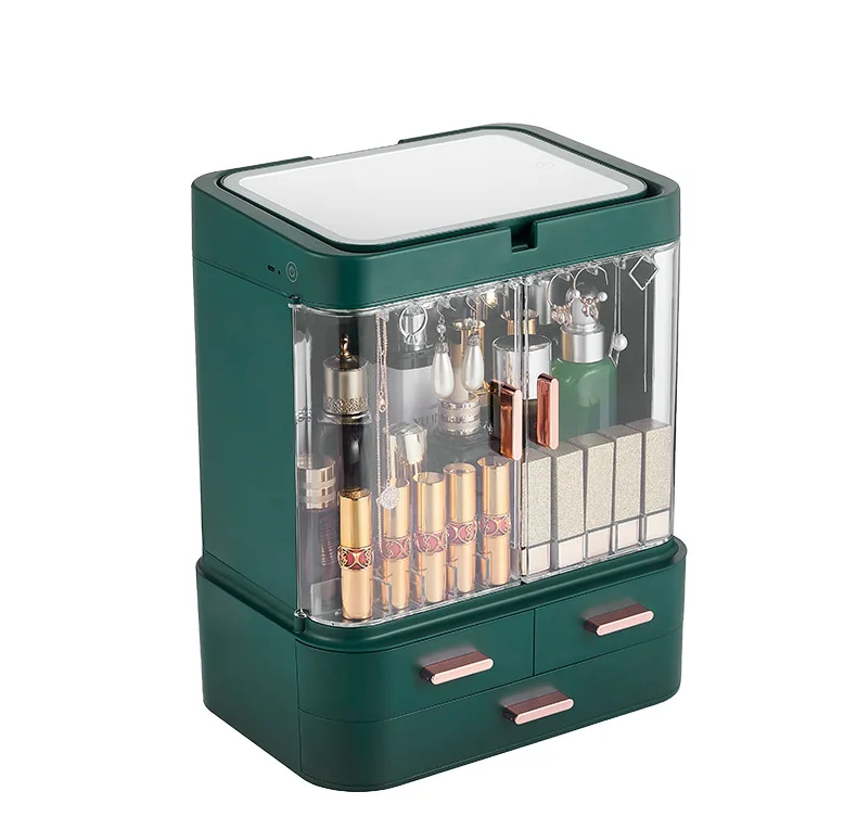 

New Hot Cosmetic Storage Box With Mirror Led Light Desktop Makeup Organizer Case Dust-Proof Drawer Type Organizer For Cosmetics