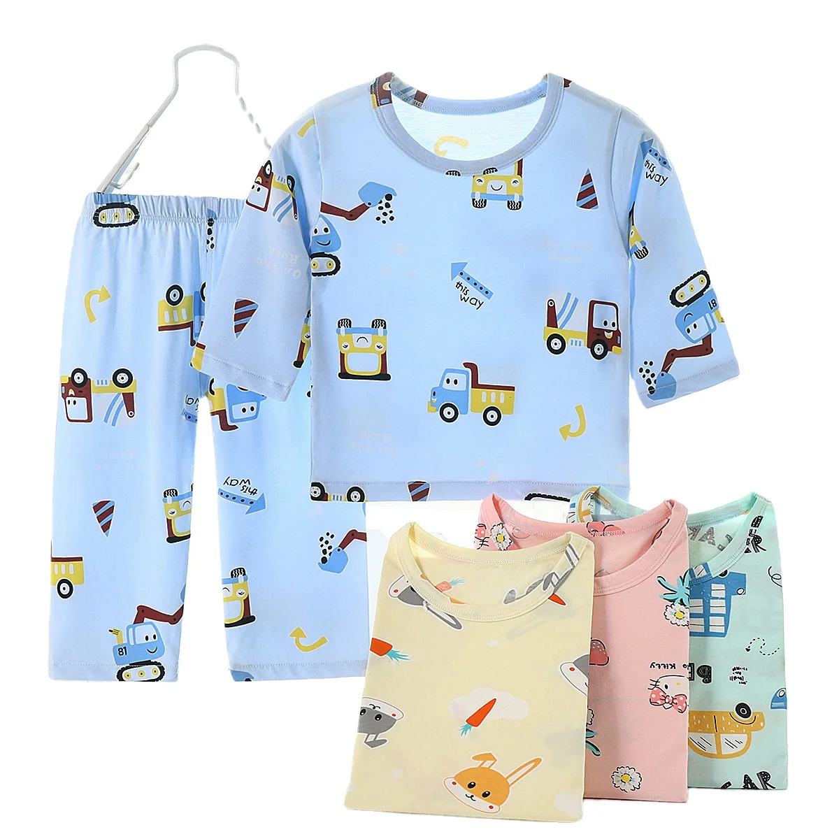 

Children's home wear Icelandic cotton underwear set thin air conditioning suit for boys and Girls Two Piece Pajamas summer, A variety of colors are available