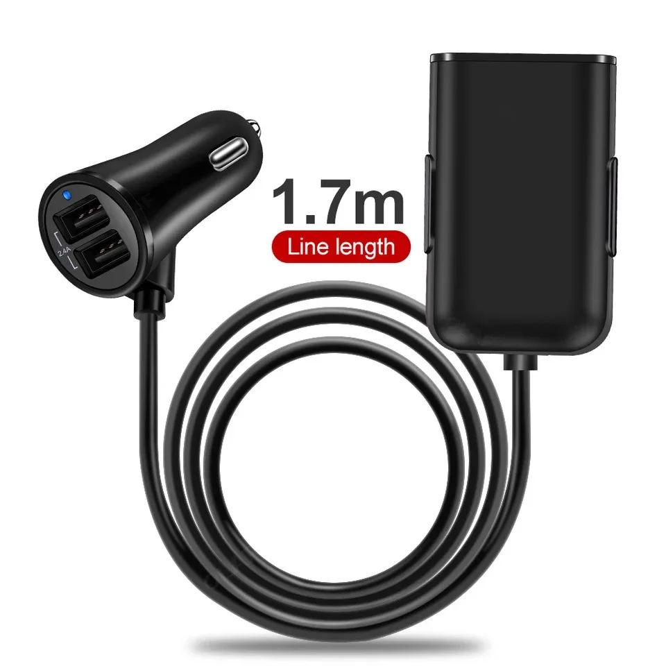 

4 Port USB Car Charger Quick Charge QC3.0 5.6ft Extension Cable For Mobile Phone Driving Recorder Fast Charging, Black