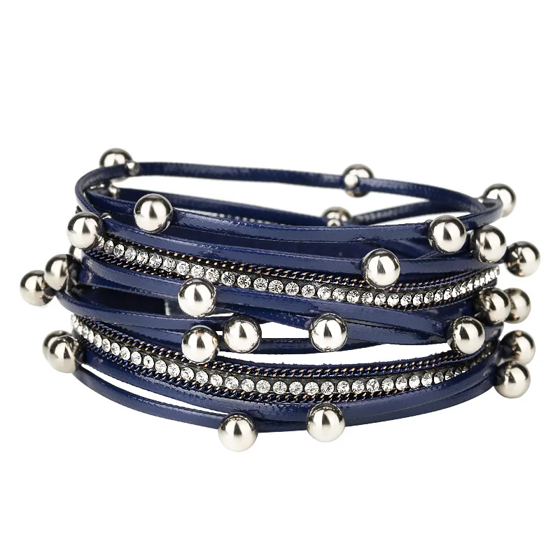 

Best Selling Multi Layers Metal Beads Leather Wrap Bracelet Magnetic Clasp Rhinestone Crystal Leather Bracelet For Women