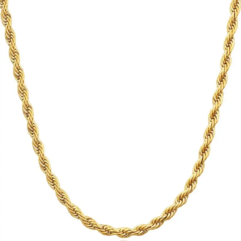 

Simple Hip Hop Stainless Steel PVD Gold Plated 2MM 3MM Wide Twisted Chain Necklace 50CM 60CM Length Twist Chain Choker Necklace, Gold,silver