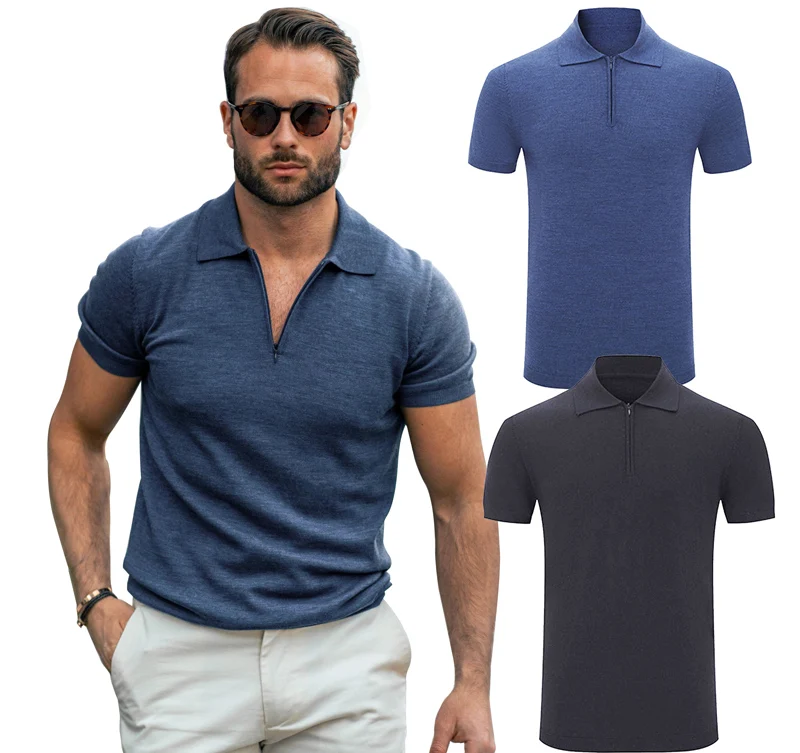 

Wholesale Latest Design Spring and Summer Casual Wear Men's Sports Polo t-shirts Knitted Golf Merino Wool Zip up Polo Shirts