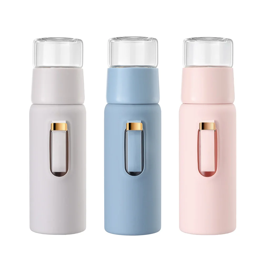 

New Items BPA Free Sport Portable Wide Mouth Durable Glass Blue Water Bottle with Silicone Sleeve Tea Separator