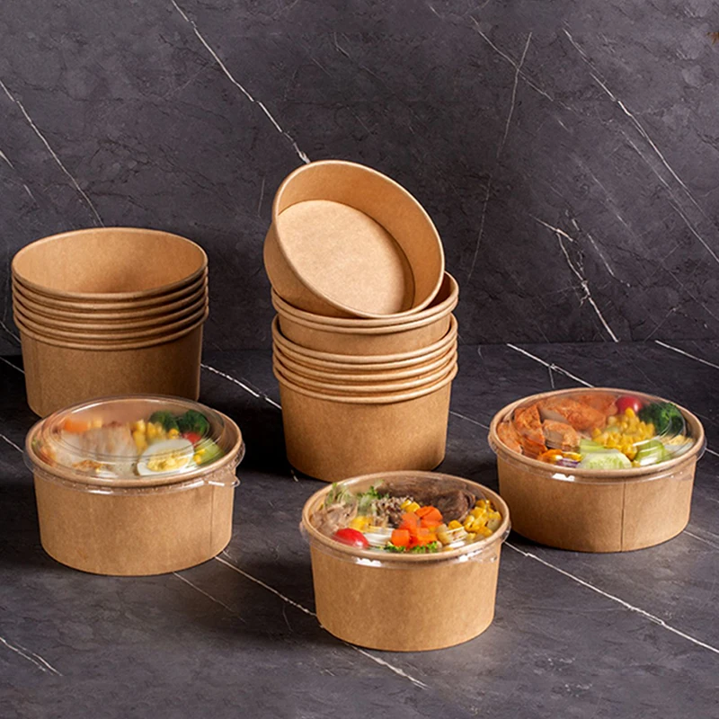 

RTS ODM/OEM Custom Disposable 750ml Takeaway Round Brown Kraft Paper Salad Bowl Ramen Rice Food Packing Paper Bowl with Lids