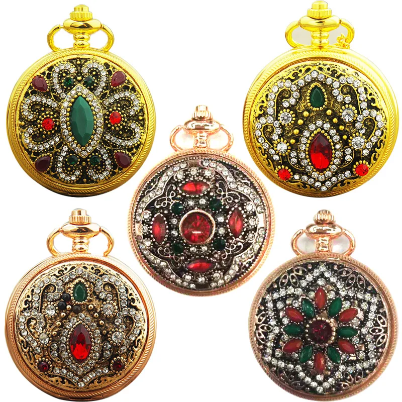 
Custom Brand Your Own Necklace Quartz Pocket Watches Flip Unisex Retro Red Diamond Pocket Watch Fashion Quartz Pocket Watch 