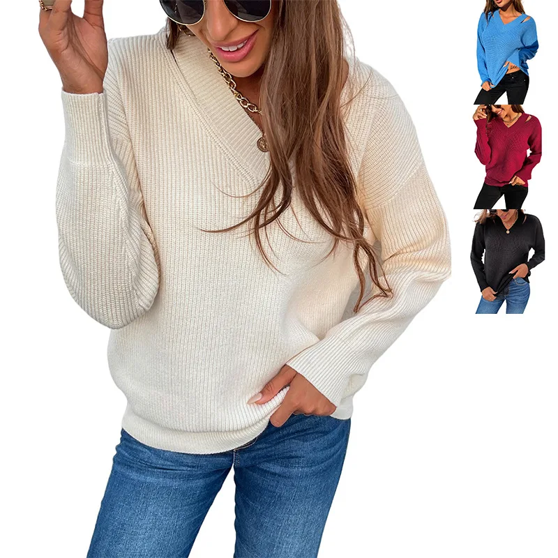 

2021 V-neck Solid Color Winter Sweaters Custom Logo Knit Loose V Neck Long Sleeve Pullover Streetwear Sweater For Women