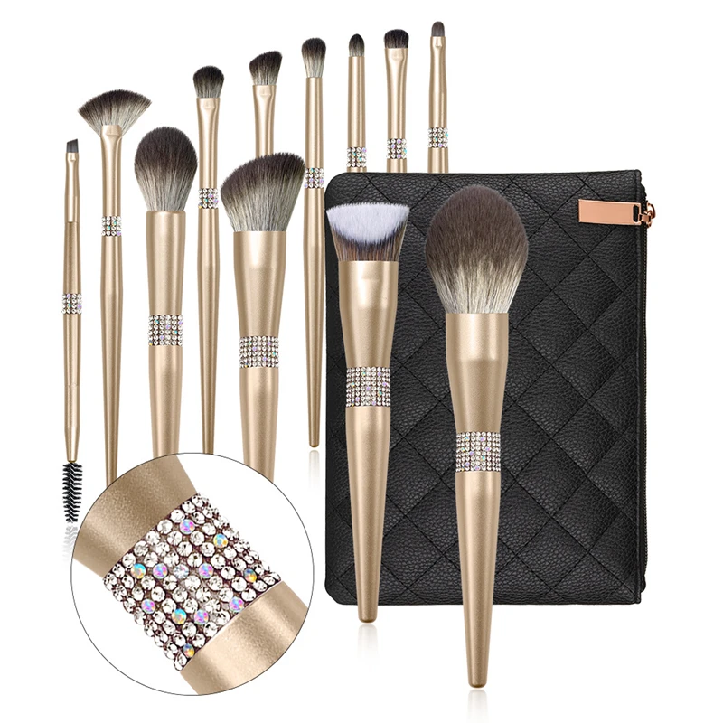 

2022 High-ranking Free Sample 12 pcs Diamond Round champagne Metal Handle Large Powder Cosmetic Makeup Brush, Champagne makeup brush set