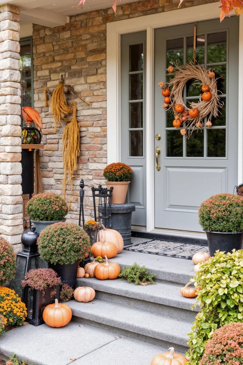 Family-friendly pumpkin patch display in front yard