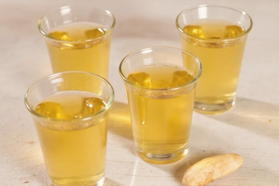 Fresh ginger root, lemons, and honey arranged on wooden cutting board for making ginger shots
