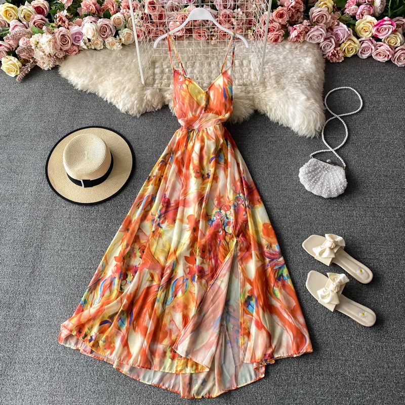 

FFShow 2022 Summer Fashion Sexy Halter Holiday Backless Floral Dress Casual Dress Summer Dresses Women Lady Elegant, 5 colors