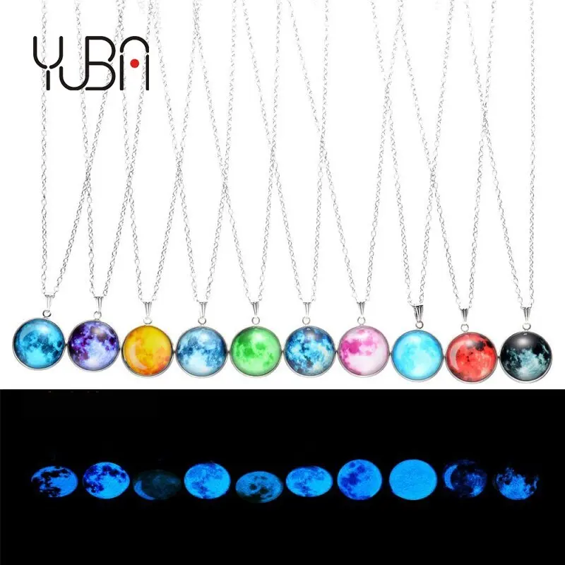 

Glow in The Dark Moon Galaxy Planet Glass Cabochon Pendant Silver Chain Luminous Necklace Jewelry Women Gifts, As pic shows