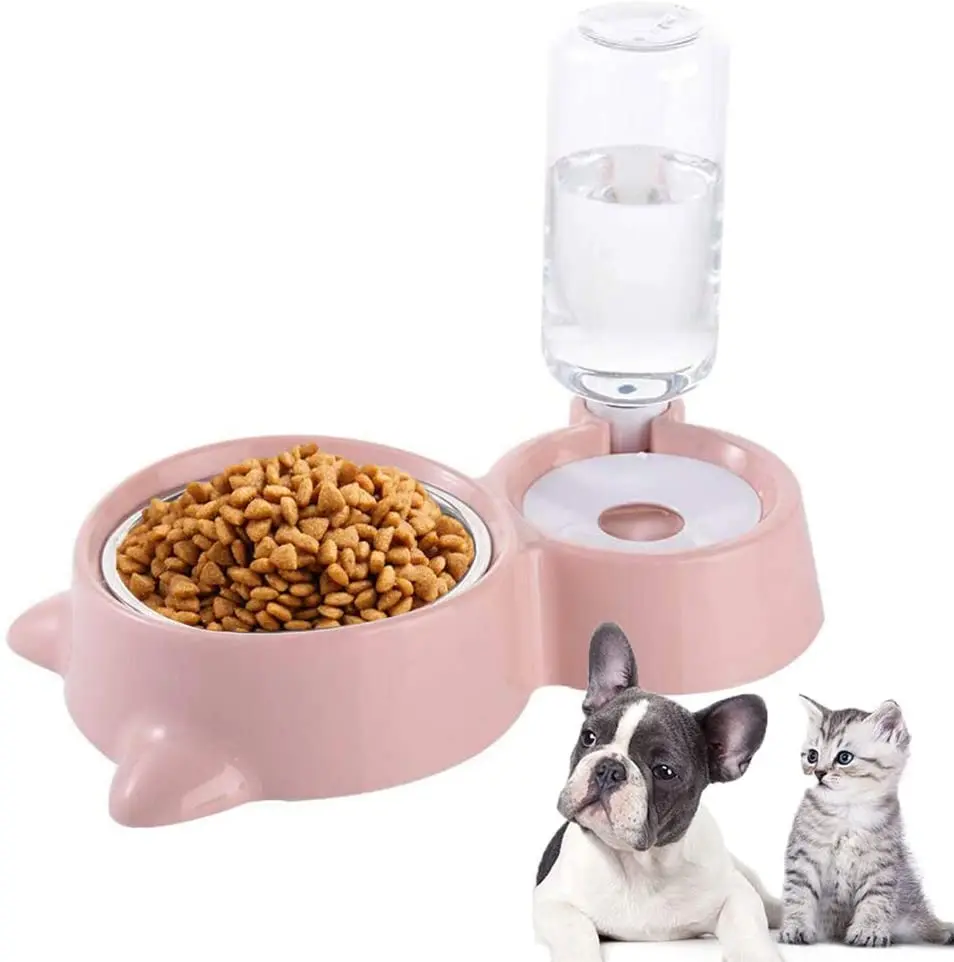 

Automatic Water Dispenser Bottle, Double Dog Cat Bowls, Pets Water and Food Bowl Set with Detachable Stainless Steel Bowl, Grey/blue/pink