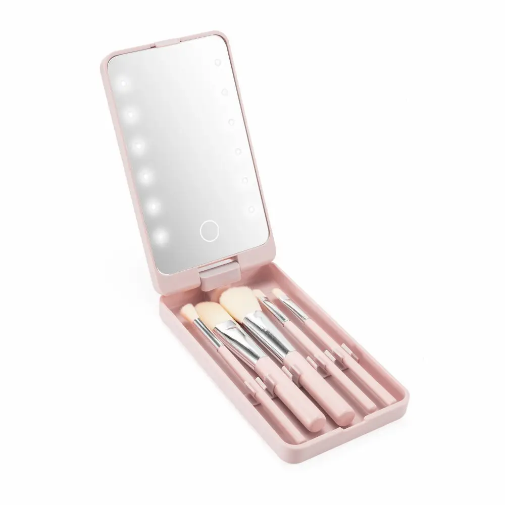 

espejos de bolsillo round 10x double square battery operated make up small portable cosmetic led mirror with makeup brush, White