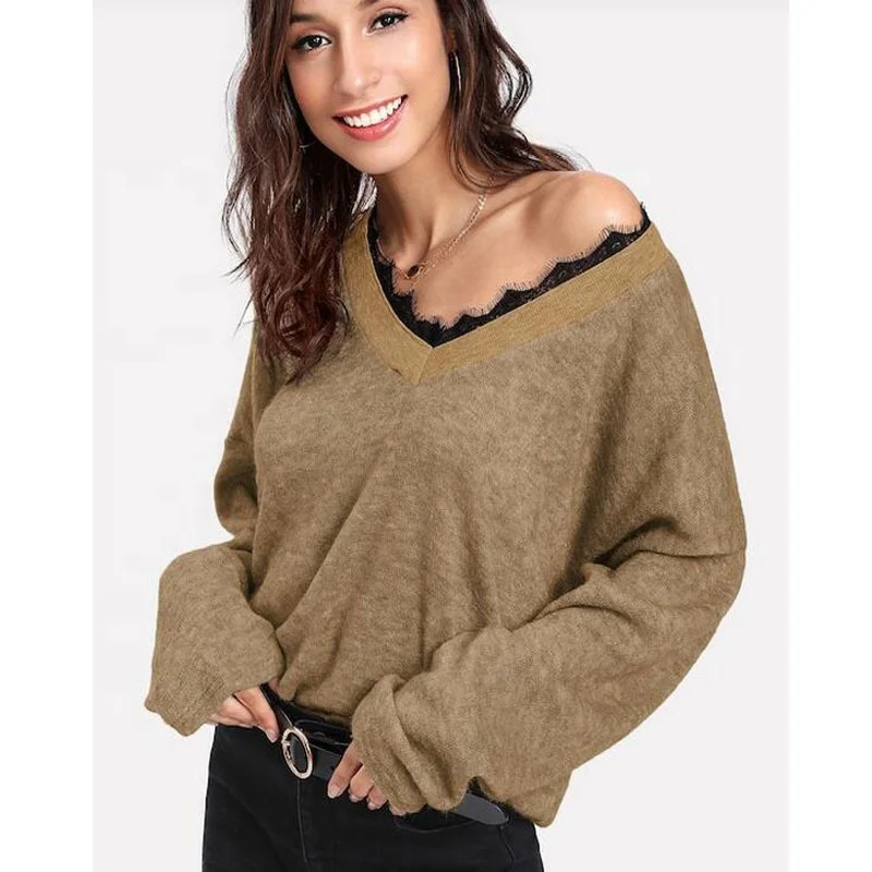 

new style Solid elegant lace patchwork v-neck long-sleeved pullover cotton women sweater, 9 colors