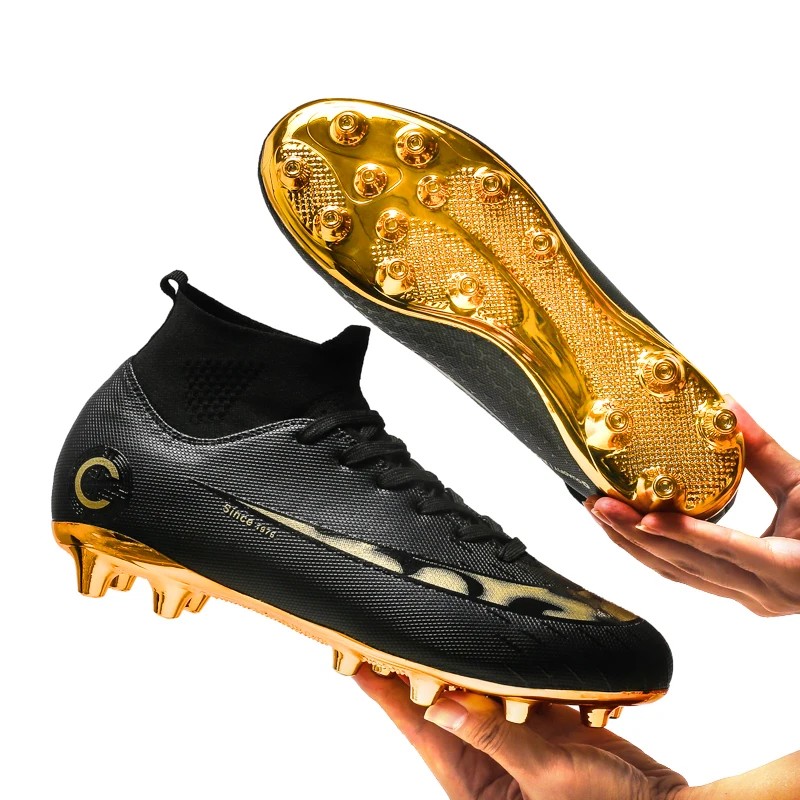 

Wholesale new football shoes ankle guard fabric outdoor lawn football shoes gold-plated nail 35-45 football shoes, White,black,green,gold