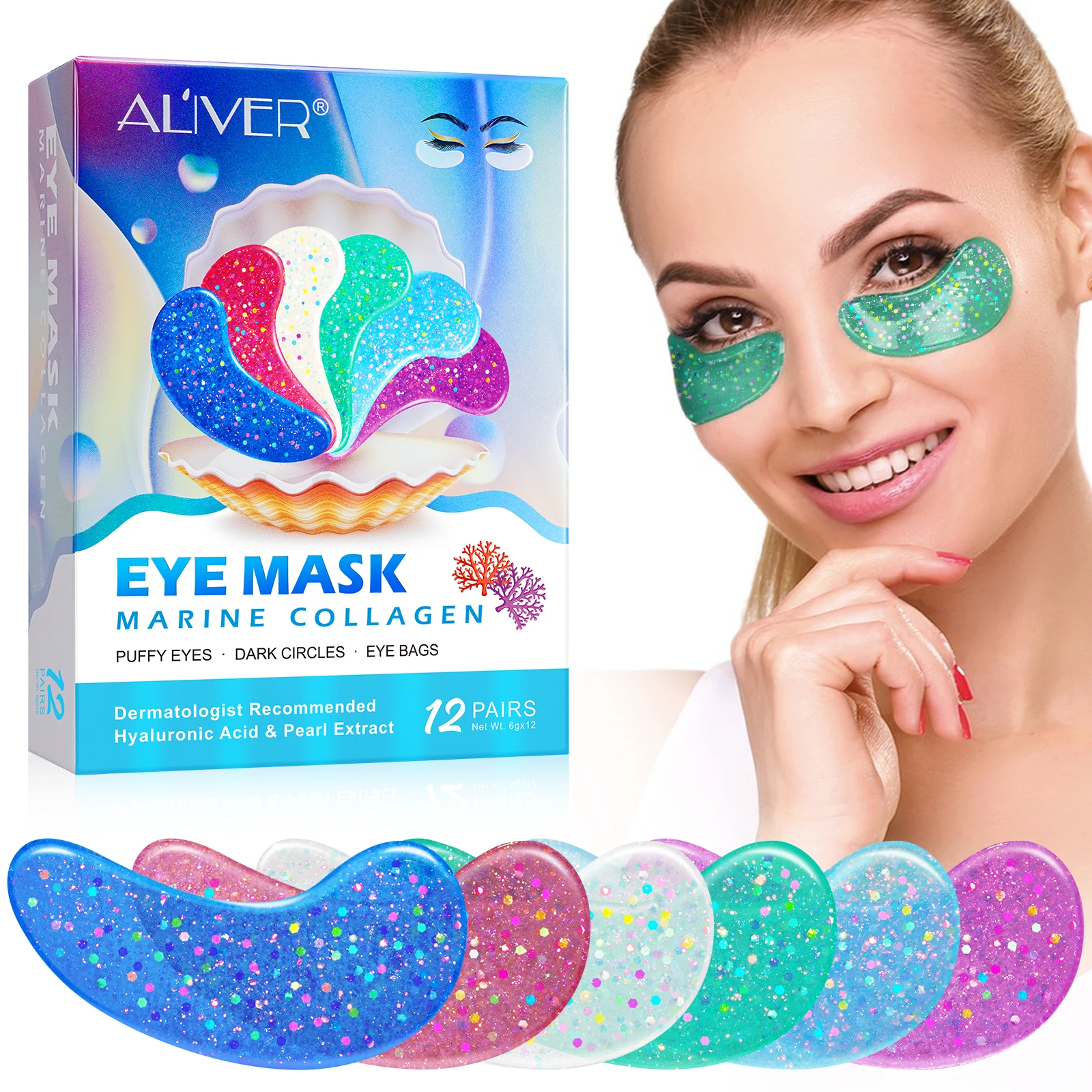 

ALIVER Natural Pearl Eye Patches Anti Aging Wrinkle Marine Collagen Hyaluronic Under Eye Mask For Dark Circles And Puffiness