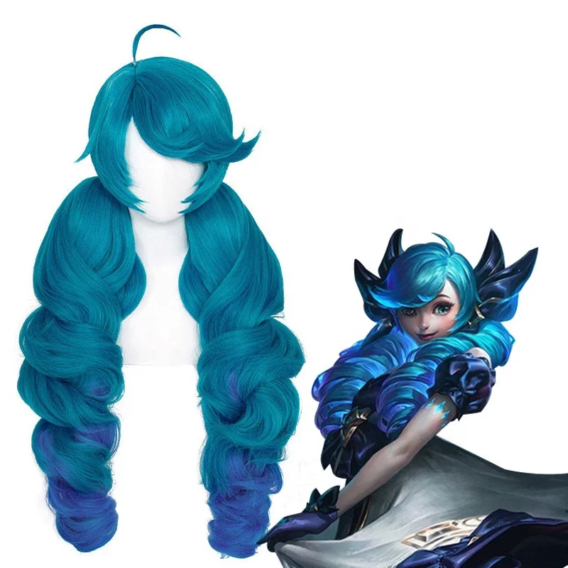 

Wholesale LOL Gwen Wig Cosplay 80cm Long Curly Blue Mixed League of Legends Anime Wig Synthetic Hair Peluca With 4Ponytails